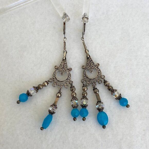 Sterling Silver 925 Blue Glass Beaded Filigree Fringe Chandelier Dangle Earrings - Picture 6 of 15